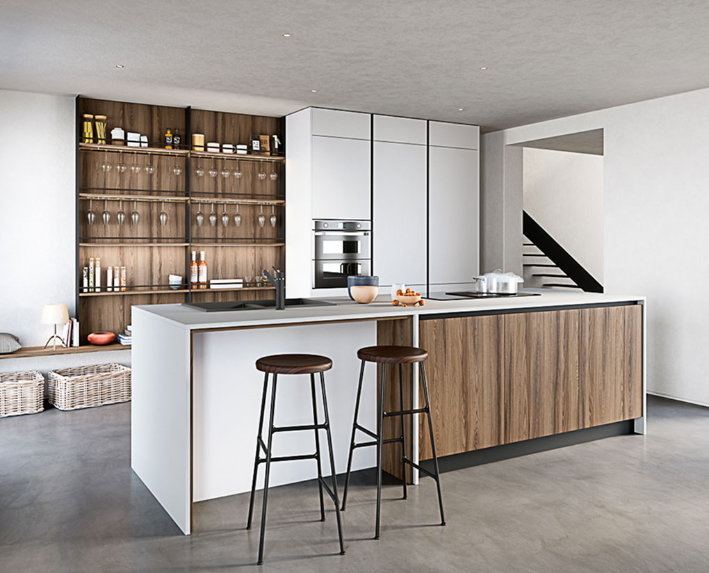 Cucina moderna e minimalista con isola centrale, armadietti in legno chiaro e piani di lavoro eleganti, decorazione sobria.