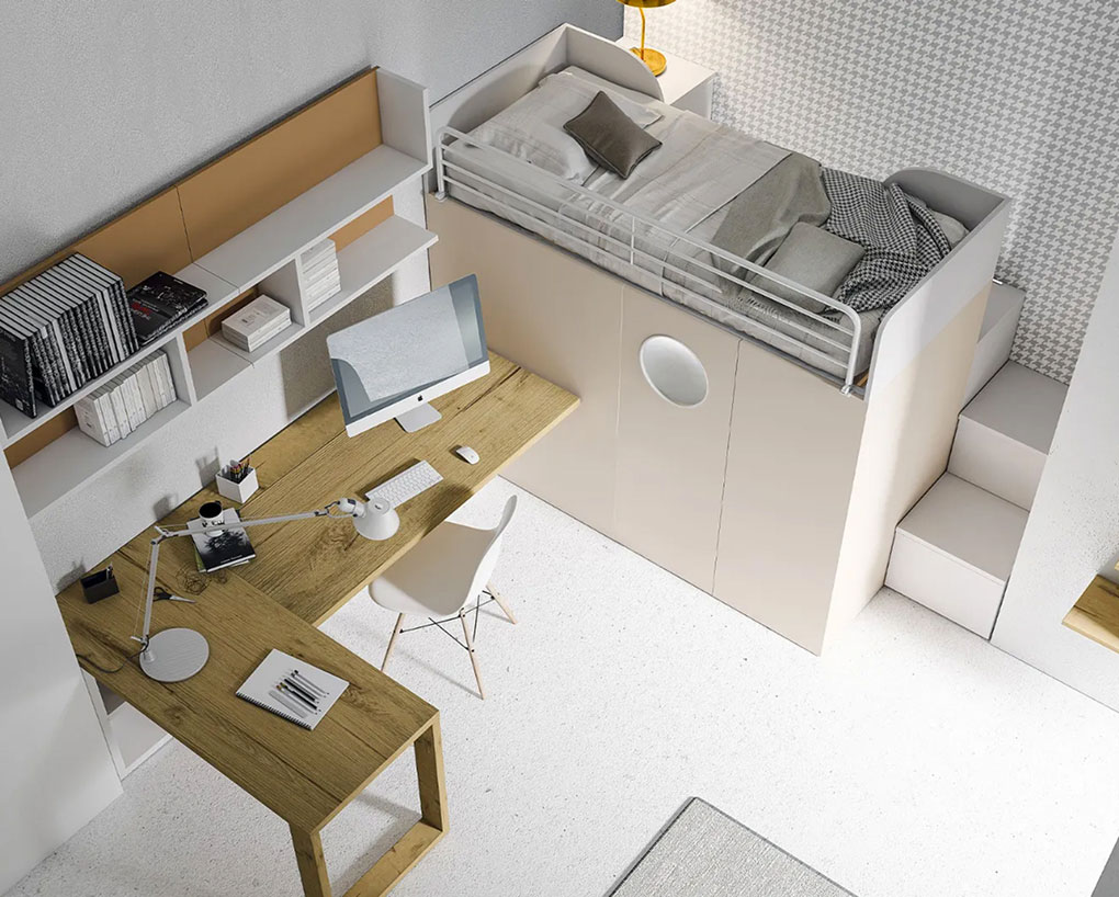 Vista panoramica di un moderno studio con un letto sopraelevato, una scrivania in legno e un computer. L'ambiente è luminoso e minimalista.